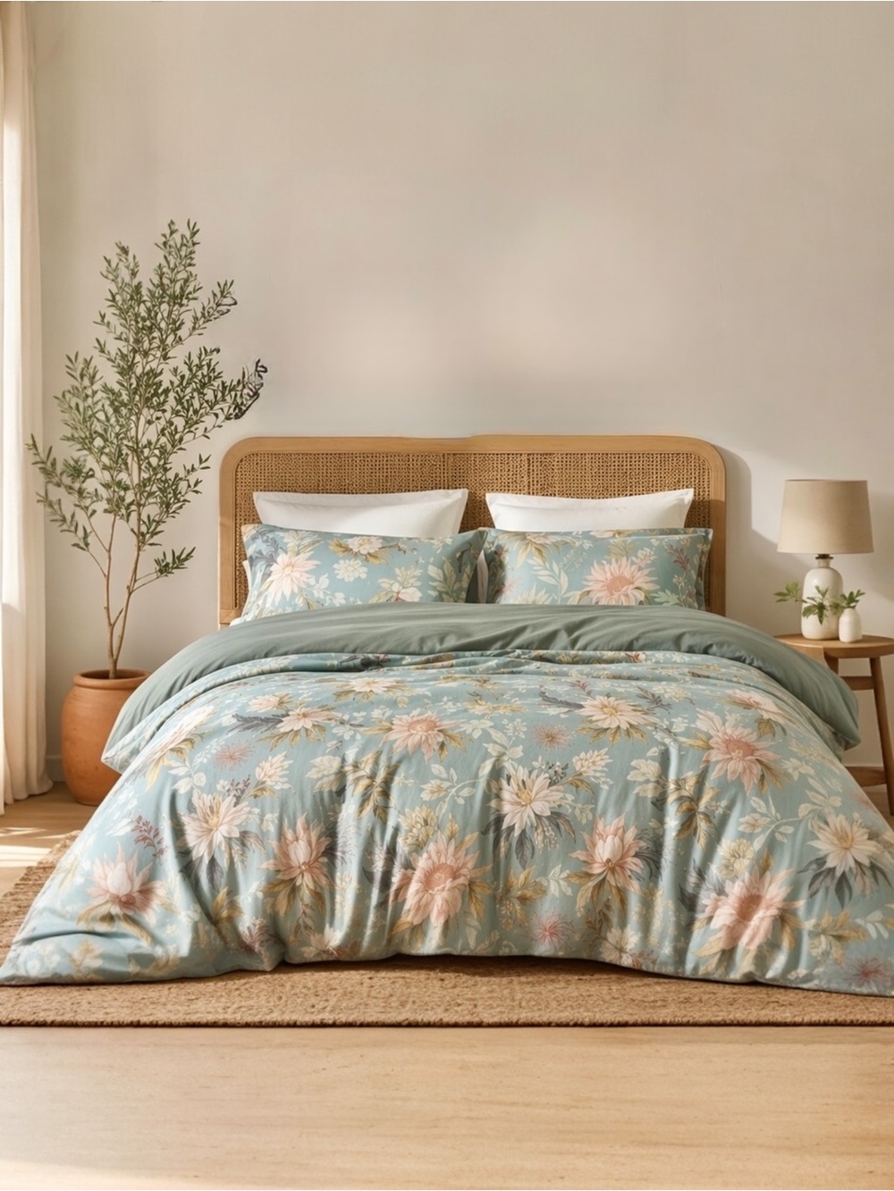 NEW Anthro Blue Floral Multicolor Full Queen King Cotton Bedding Duvet Sham Set